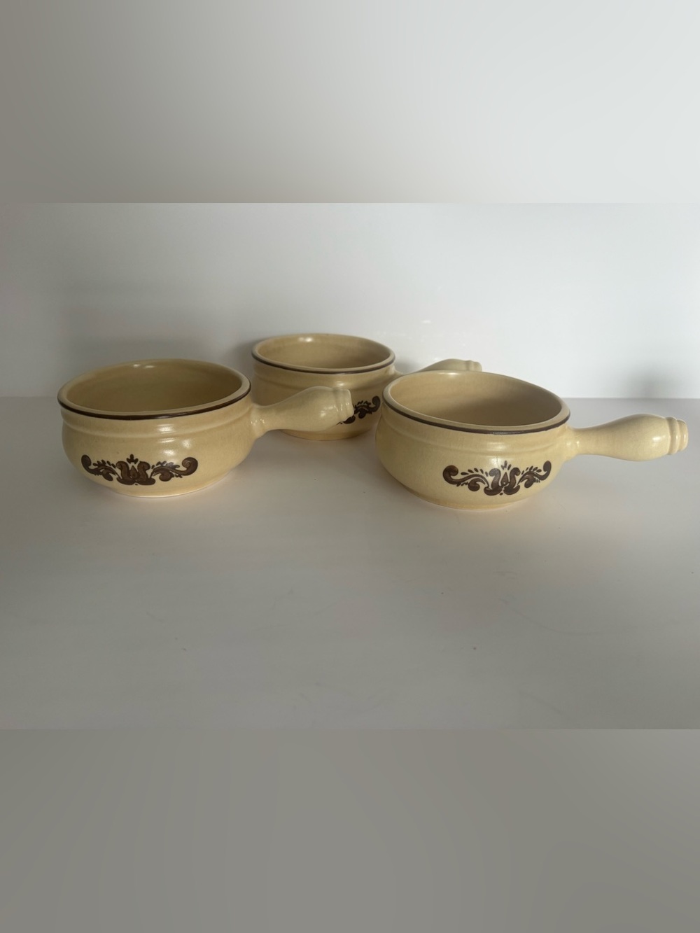 Vintage Pfaltzgraff Village #295 10 Oz Onion Soup Bowls Handled USA Set of 3